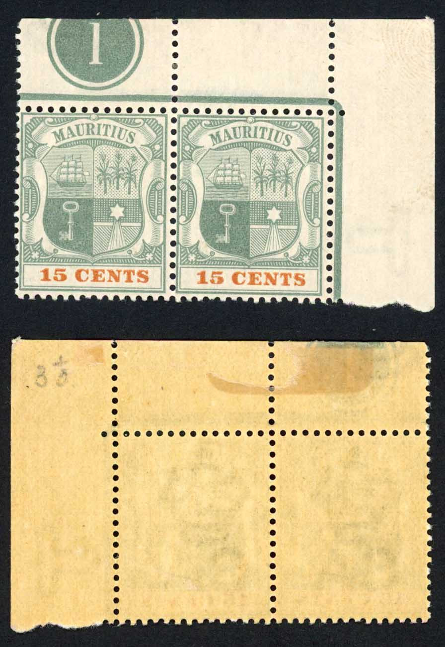 mauritius-sg149-15c-green-and-orange-wmk-crown-ca-u-m-gum-bend-cat-70-pou