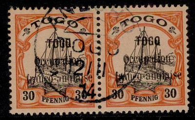 togo-franco-anglaise-occ-sg5-1914-30pf-black-and-orange-salmon-pair-fine-used