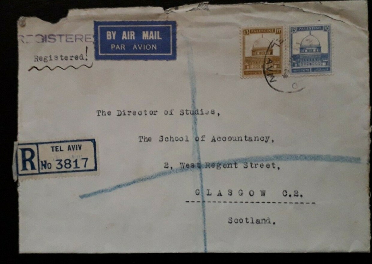 palestine-cover-registered-airmail-tel-aviv-to-scotland-28-mil-rate