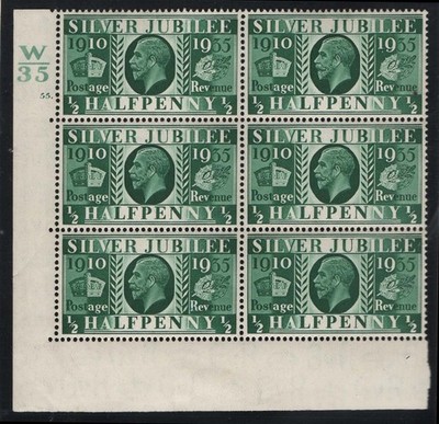 gb-1935-silver-jubilee-d-cyl-55-dot-corner-blk-of-6-perf-ei-stamps-um-minor