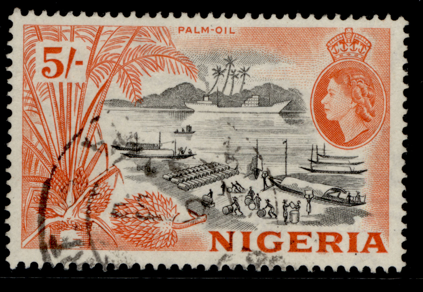 nigeria-qeii-sg78-5s-black-red-orange-fine-used