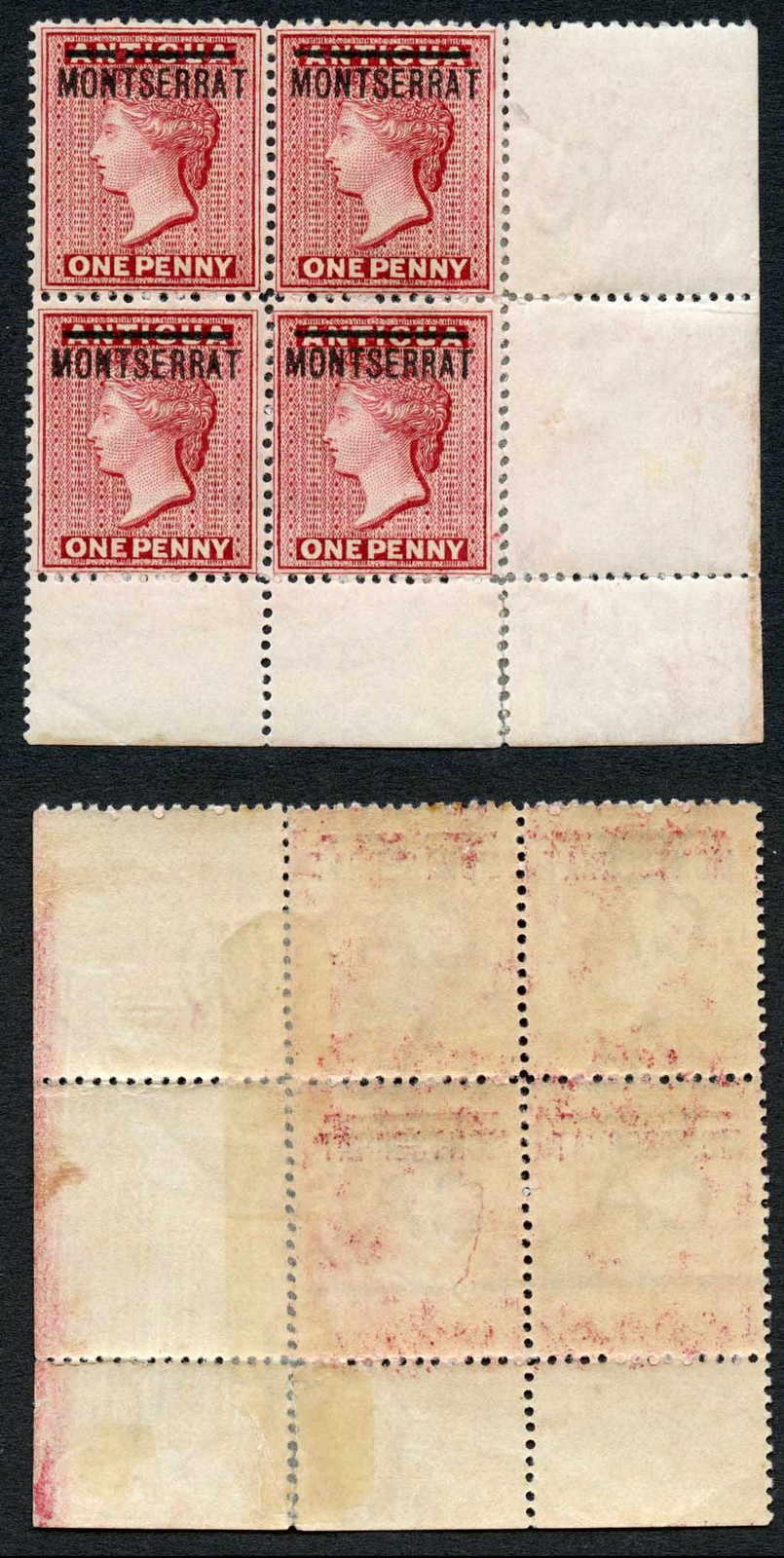montserrat-sg1-1d-red-corner-block-of-four-wmk-ca-cat-112-pounds