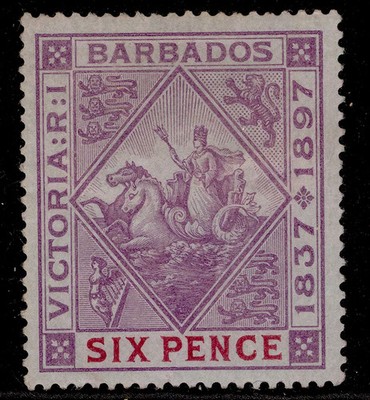 barbados-qv-sg130-6d-mauve-carmine-m-mint-cat-180-blued-paper