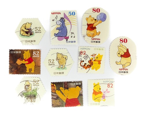 10-x-winnie-the-pooh-used-japanese-postage-stamps-all-off-paper
