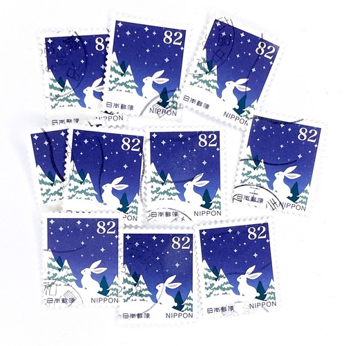 10-x-bunny-rabbit-in-snow-used-japanese-postage-stamps-all-off-paper-japan