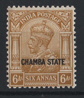 india-chamba-1927-6a-bistre-wmk-inverted-ovpt-chamba-state-sg72-um-c32
