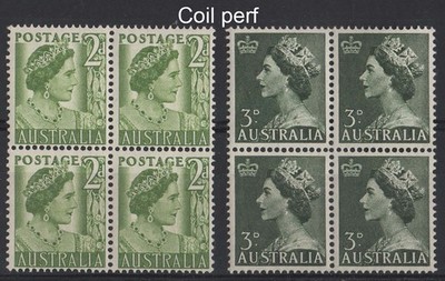 australia-1950-2d-coil-blk-of-4-sg237b-then-1953-3d-coil-block-of-4-um