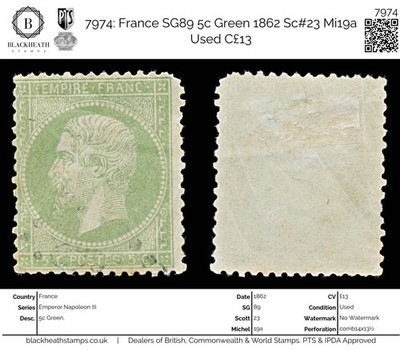 7974-france-sg89-5c-green-1862-sc-23-mi19a-used-c13
