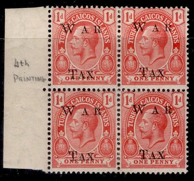 turks-caicos-islands-gv-sg152-1d-scarlet-lh-mint-block-x4