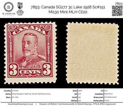 7893-canada-sg277-3c-lake-1928-sc-151-mi130-mint-mlh-c20