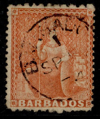 barbados-qv-sg57-4d-dull-vermilion-fine-used-cat-110-cds-pmk
