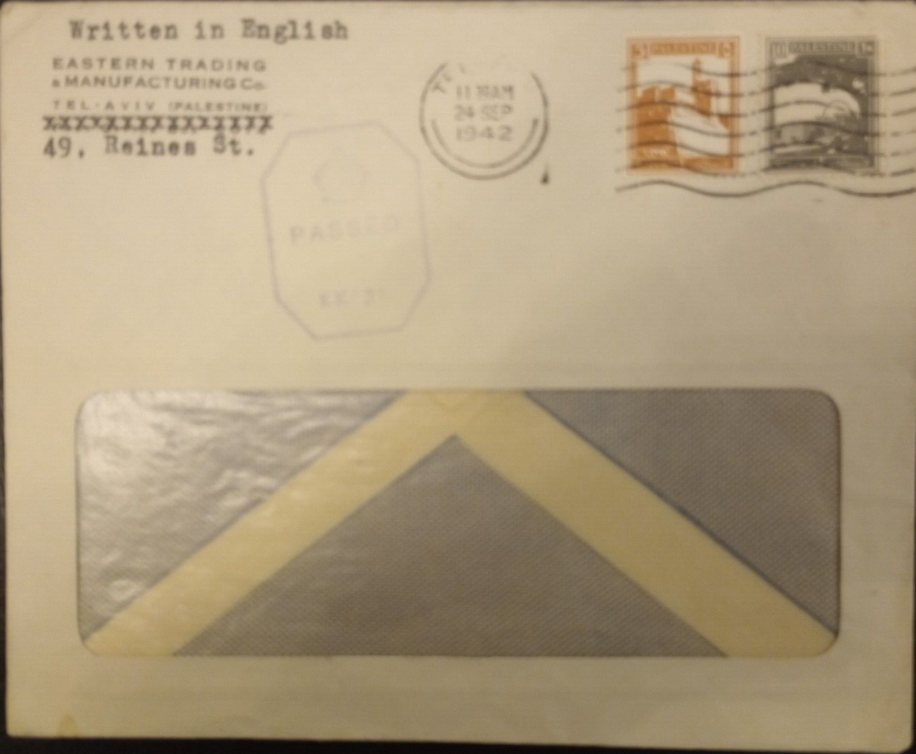palestine-cover-1942-tel-aviv-eastern-trading-company-passed-by-kk-31-window-env