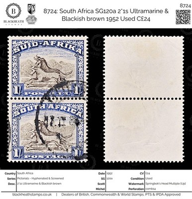 8724-south-africa-sg120a-2-1s-ultramarine-blackish-brown-1952-used-c24