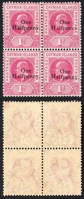 cayman-is-sg17-kevii-one-halfpenny-on-1d-carmine-m-m-block-of-four
