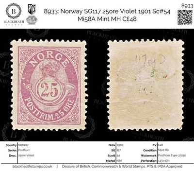 8933-norway-sg117-25ore-violet-1901-sc-54-mi58a-mint-mh-c48