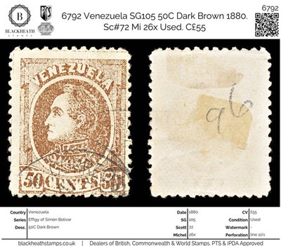6792-venezuela-sg105-50c-dark-brown-1880-sc-72-mi-26x-used-c55