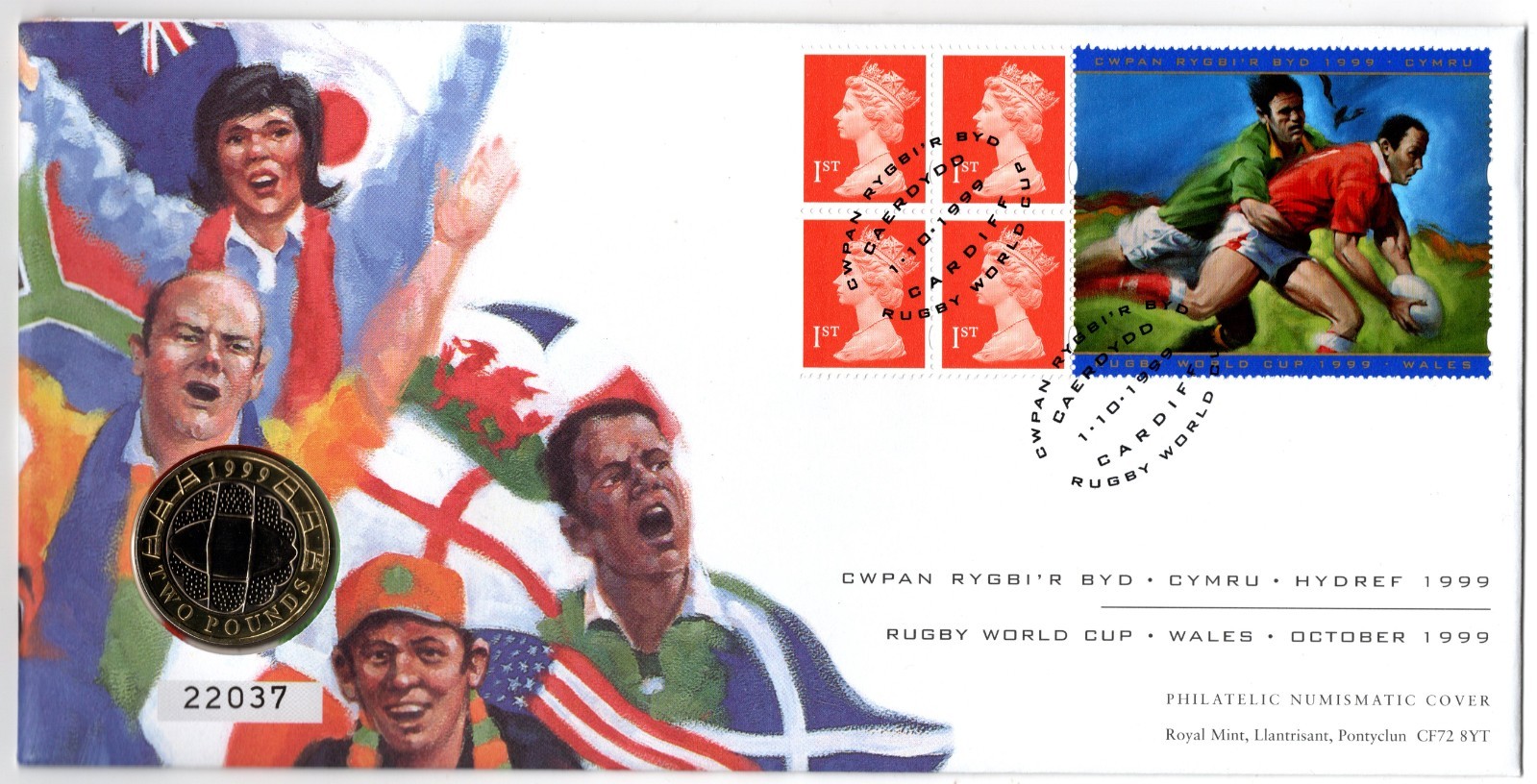 1999-rugby-world-cup-2-first-day-coin-cover-bunc-with-stamps-two-pound