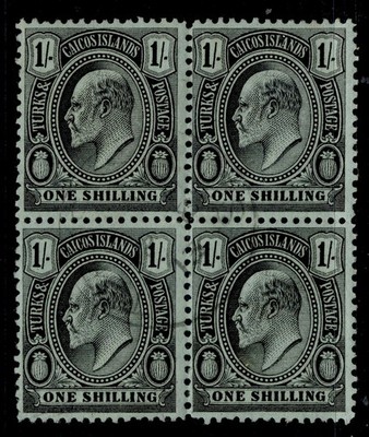 turks-caicos-islands-edvii-sg124-1s-blue-green-fine-used-cat-32-block-x4