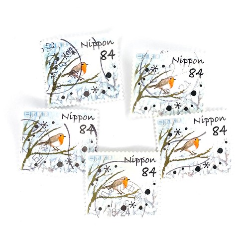5-x-red-robin-in-snow-used-japanese-postage-stamps-all-off-paper-japan-winter