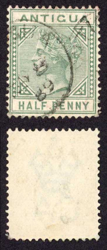 antigua-sg21-1-2d-dull-green-wmk-crown-ca-perf-14-cat-20-pounds