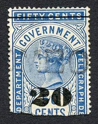 ceylon-qv-sgt35-20c-on-50c-blue-telegraph-stamp-wmk-crown-ca-narrow