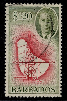 barbados-gvi-sg281-1-20-carmine-olive-green-used