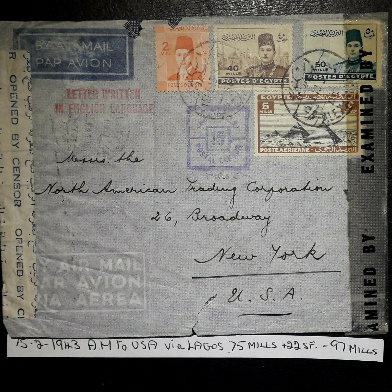 egypt-cover-1943-alexandria-to-usa-via-lagos-97-mills-rate-censored-and-examined