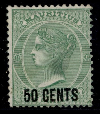 mauritius-qv-sg90-50c-on-1s-green-m-mint-cat-100