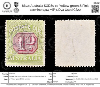 8672-australia-sgd80-1d-yellow-green-pink-carmine-1914-mip32dya-used-c20