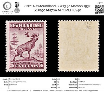 8261-newfoundland-sg213-5c-maroon-1932-sc-190-mi176a-mint-mlh-c40
