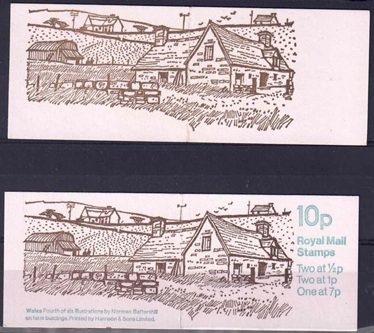 qeii-booklet-fa-7-design-4-building-in-wales-missing-blue-writing-stamps-complete