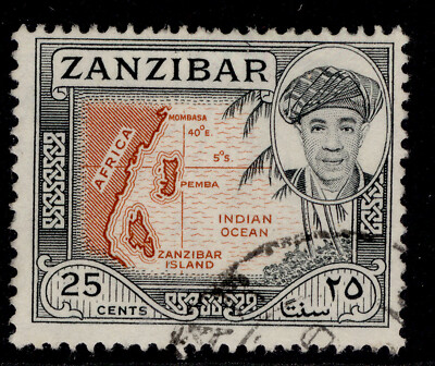 zanzibar-qeii-sg377-25c-orange-brown-black-fine-used