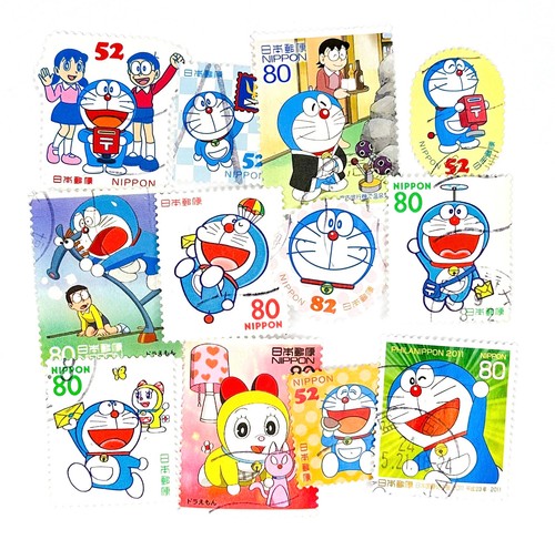 12-x-doraemon-used-japanese-postage-stamps-all-off-paper-japan-cat-set-2