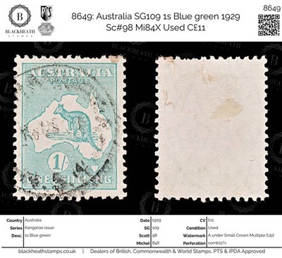 8649-australia-sg109-1s-blue-green-1929-sc-98-mi84x-used-c11