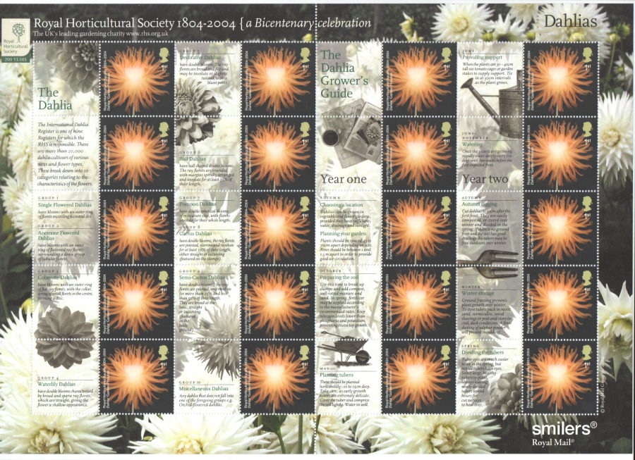 ls19-gb-2004-20-x-1st-royal-horticultural-society-dahlias-smiler-sheet-u-m