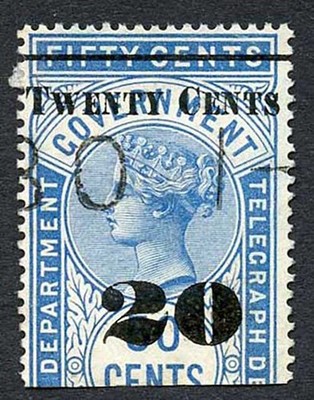 ceylon-qv-sgt35-20c-on-50c-blue-telegraph-stamp-wmk-crown-ca-narrow