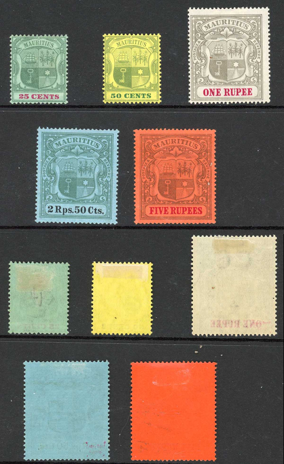 mauritius-sg151a-55-top-5-values-wmk-ca-cc-fresh-colour-m-m-cat-292-pounds