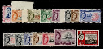 turks-caicos-qeii-sg237-250-253-1957-complete-set-m-mint-cat-120