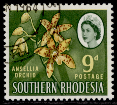 southern-rhodesia-qeii-sg98-9d-red-brown-yellow-olive-green-fine-used