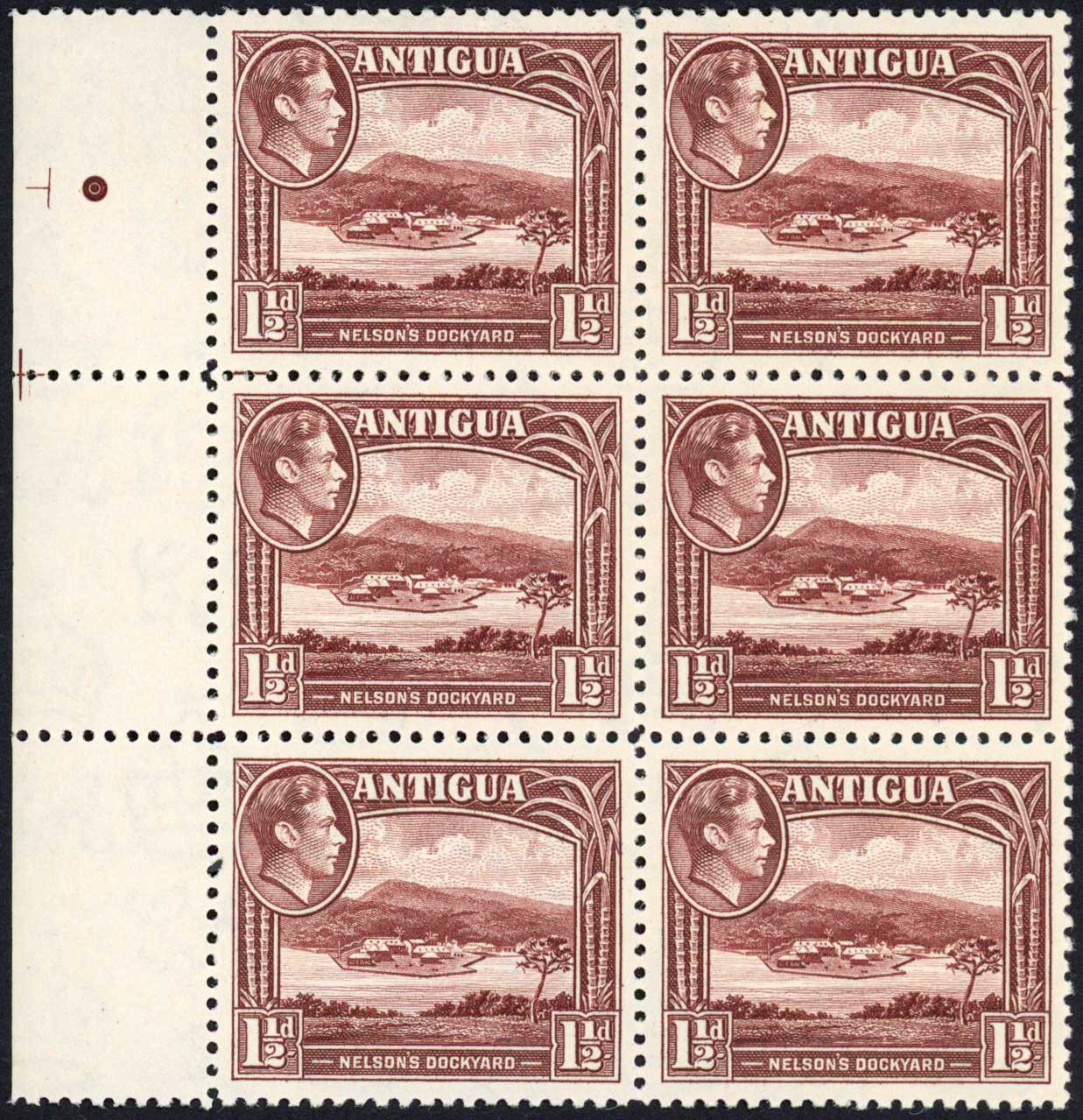 antigua-sg100-1-1-2d-dull-reddish-brown-block-of-six-u-m-cat-24-pounds