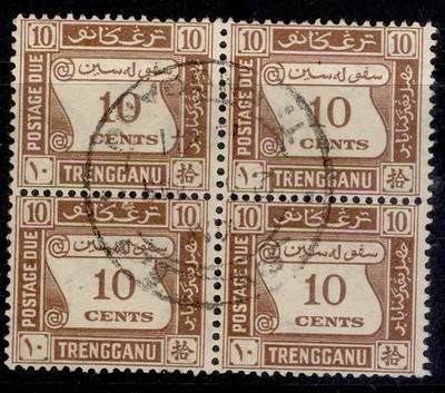 malaysia-trengganu-gvi-sg-d4-10c-brown-fine-used-cat-440-block-x4