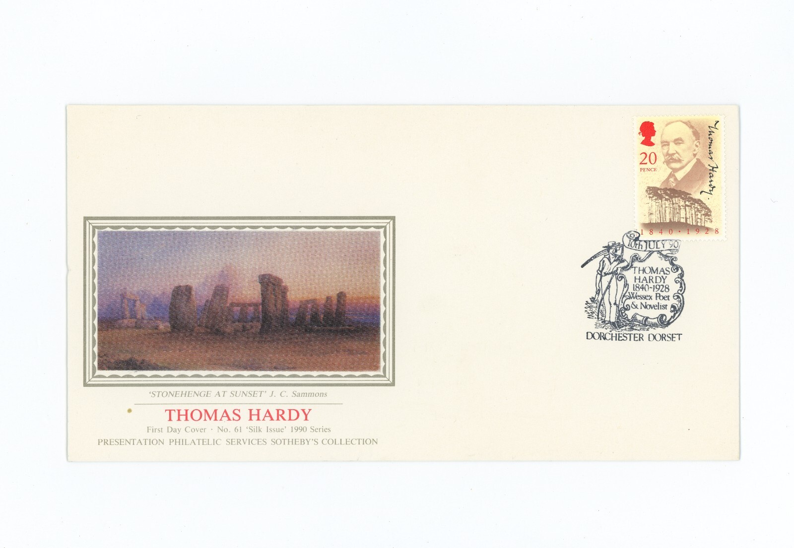 pps-sothebys-silk-no-61-fdc-gb-1990-thomas-hardy-stonehenge-dorchester-ref-h2