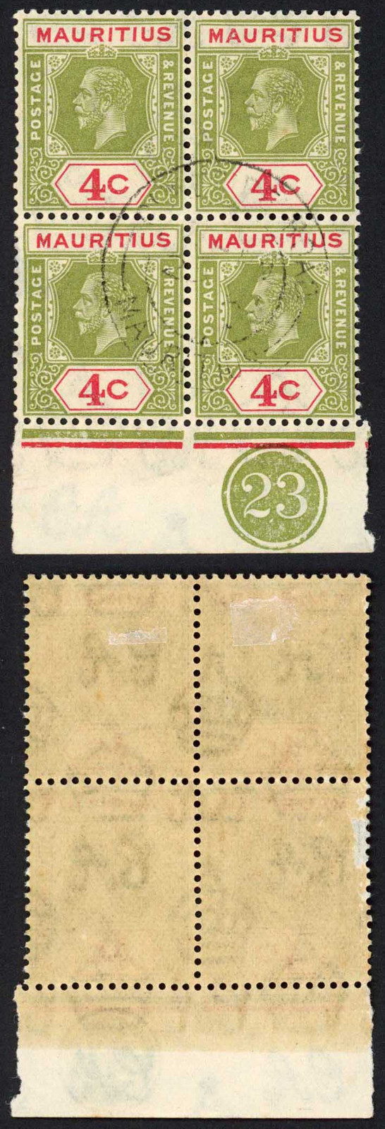 mauritius-sg226b-4c-sage-green-and-carmine-die-1-cds-plate-block-cat-240-pou