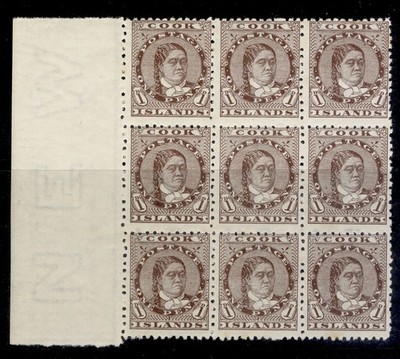 cook-islands-qv-sg5-1d-brown-lh-mint-cat-450-block-x9-marginal