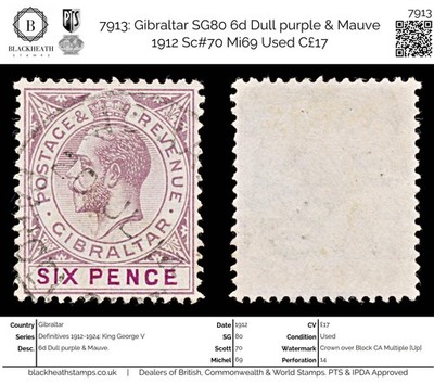 7913-gibraltar-sg80-6d-dull-purple-mauve-1912-sc-70-mi69-used-c17