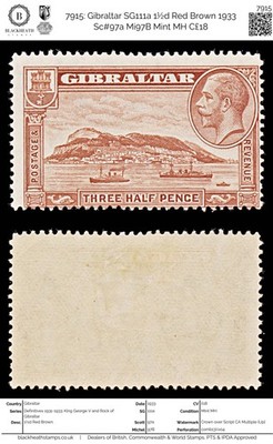7915-gibraltar-sg111a-1d-red-brown-1933-sc-97a-mi97b-mint-mh-c18