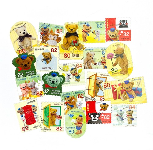 20-x-posukuma-teddy-bear-cute-japanese-used-postage-stamps-off-paper