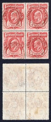 falkland-is-sg50-kevii-5-red-block-of-4-with-brown-pmks-cat-720-pounds