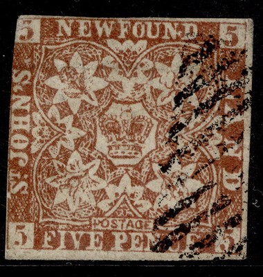 canada-newfoundland-qv-sg19a-5d-red-brown-used-forgery