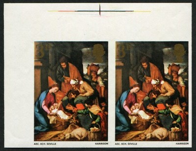 1967-xmas-3d-sg-756-imperf-pair-u-m-corner-marginal-with-sheet-markings